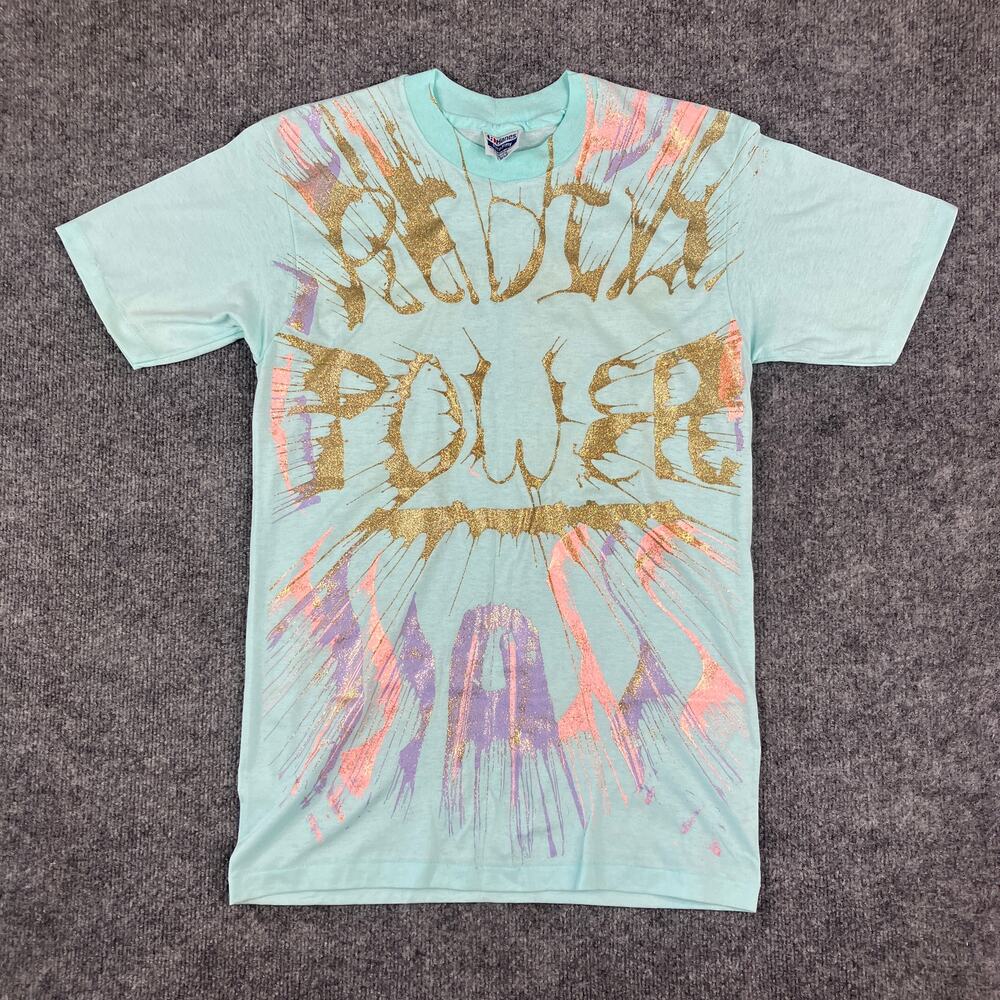 Hanes 50/50 T-Shirt Mens M Blue Graphic Glitter Print Vintage USA Radical Power
